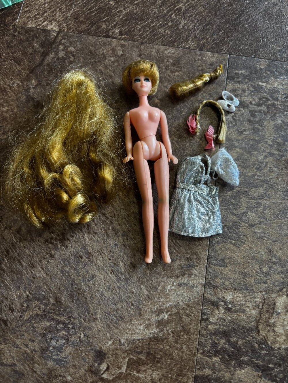 Topper Dawn Head to Toe longlocks doll wearing original silver dress
